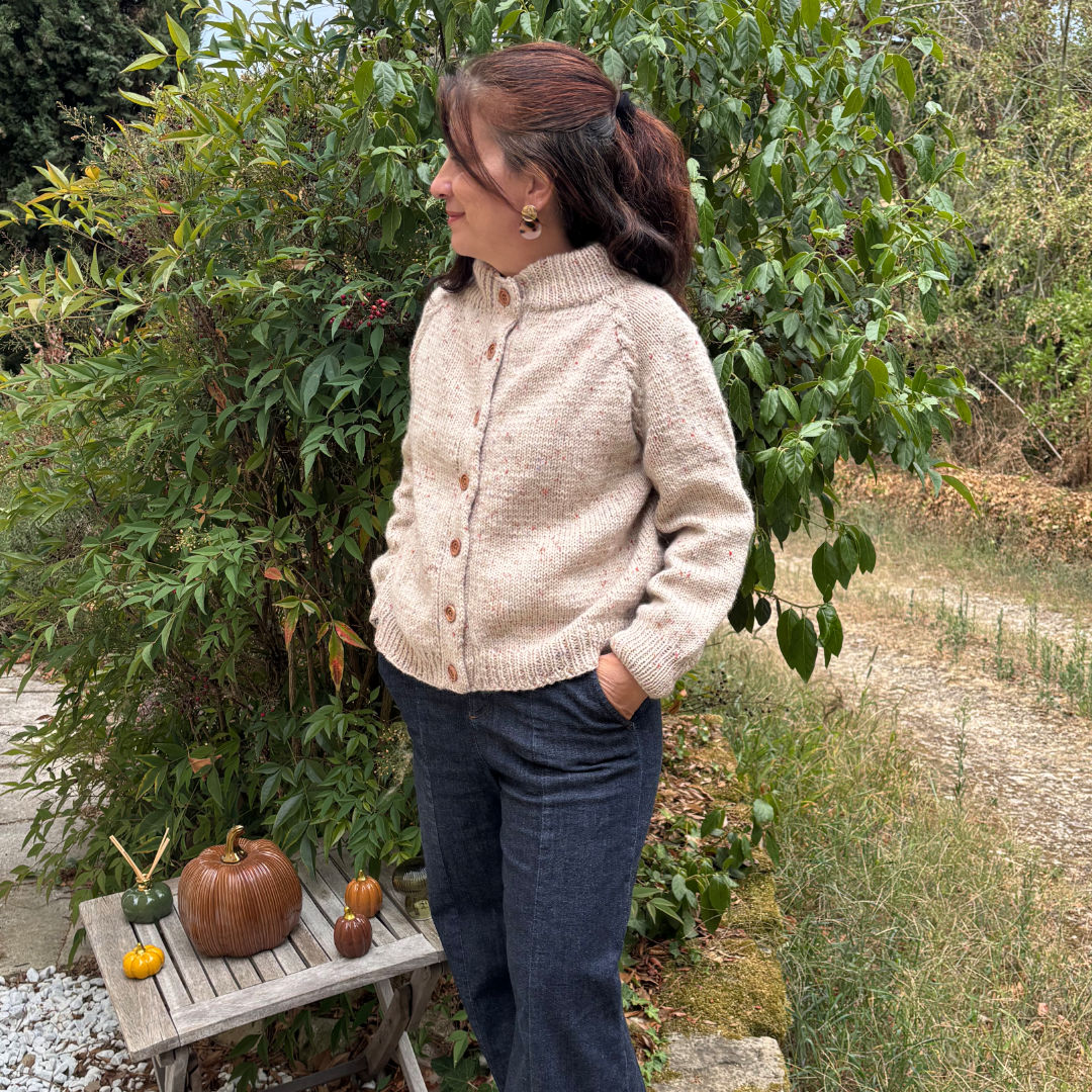 Kit tricot veste Unai – Patron + laine Terra Tweed – Niveau intermédiaire